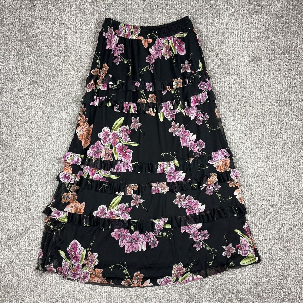 1.STATE Skirt Womens Small Black Floral Tiered Ruffle Midi Elastic Waist Boho - Picture 2 of 6